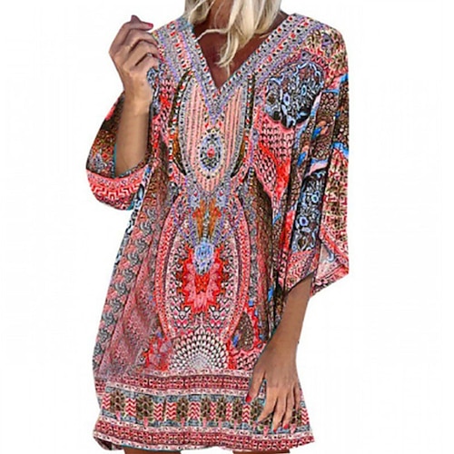 

Mulheres Vestido casual Vestido de turno Vestido Boho Vestido midi Amarelo Vermelho Azul Manga 3/4 Imprimir Imprimir Verão Primavera Decote V Boho 2023 S M L XL XXL 3XL