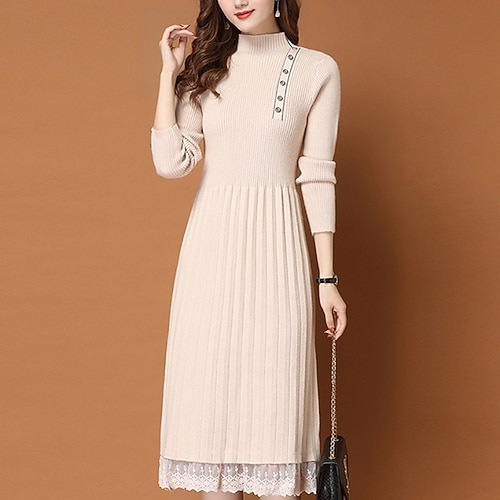 

Women's A Line Dress Knee Length Dress Black Blue Gray Brown Beige Long Sleeve Pure Color Lace Button Spring Summer High Neck Fashion Modern 2022 One-Size