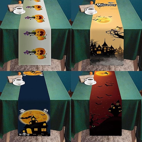 

Halloween Pumpkin Castle Table Runner Decoration Table Runner Cotton Linen Table for Dining Room and Halloween Party