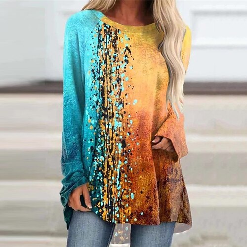

Women's Casual Dress Shift Dress Short Mini Dress Orange Long Sleeve Color Gradient Print Fall Winter Round Neck Casual Loose 2022 S M L XL XXL 3XL