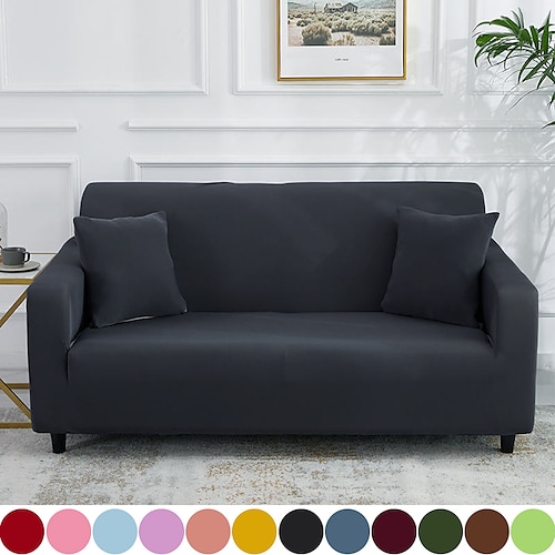 

Pure Color Solid Stretch Slipcover Spandex Jacquard Non Slip Soft Couch Sofa Cover With One Free Boster CaseWashable Furniture Protector with Non Skid Foam and Elastic Bottom for Kids