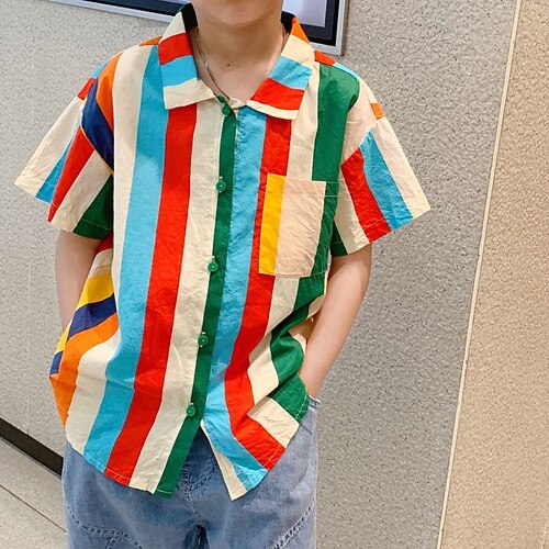 

Kids Boys Shirt Short Sleeve Stripe Rainbow Children Tops Summer Active Daily Outdoor Regular Fit 3-13 Years