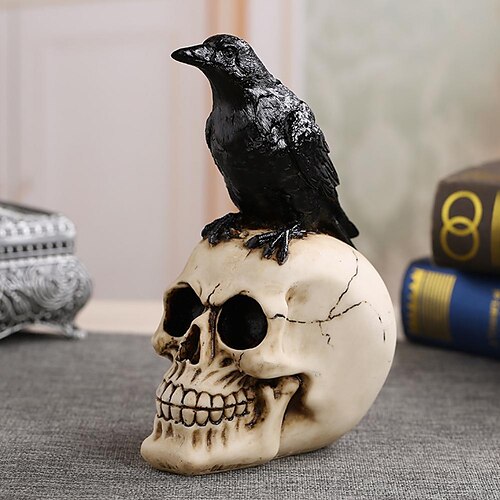 

Moquerry Resin Skull Craft Statues Human Skull With Black Bird Crow Figurines Sculptures Halloween Home Decor Accessories Art Ornaments