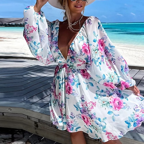 

Women's Swing Dress Short Mini Dress Light Pink Blue Pink Camel Long Sleeve Floral Pure Color Backless Strappy Print Spring Summer Deep V Casual Fashion Batwing Sleeve 2022 S M L XL XXL 3XL