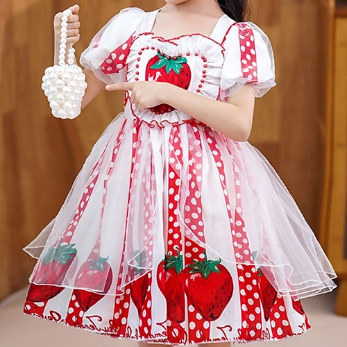 

Kids Girls' Dress Strawberry Asymmetrical Dress Daily Print Cotton Short Sleeve Princess Dress 3-12 Years Spring Red