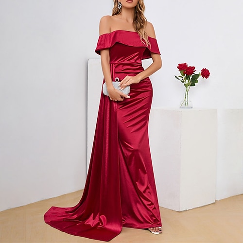 

Women's Party Dress Stain Maxi long Dress Wine Short Sleeve Pure Color Backless Ruched Cold Shoulder Fall Spring Off Shoulder Party Stylish Elegant Party Slim 2022 XS S M L XL