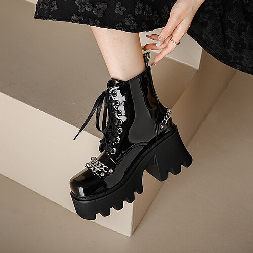 

Women's Boots Goth Boots Booties Ankle Boots Lace-up Chunky Heel Square Toe Gothic Christmas Halloween Patent Leather Lace-up Fall Winter Solid Colored Black