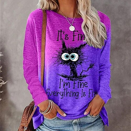 

2022 autumn european and american cross-border foreign trade independent station amazon round neck cat it's fine printed clothes women