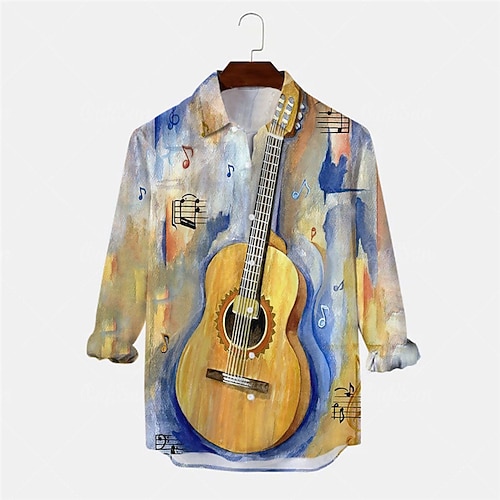 

Men's Shirt Guitar Turndown Blue Long Sleeve 3D Print Outdoor Street Button-Down Print Tops Fashion Designer Casual Breathable