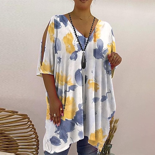 

Mulheres Plus Size Blusas Camiseta Floral Cores Gradiente Com Corte Imprimir Meia Manga Decote V Festival Diário Para Noite Algodão Spandex Jersey Outono Primavera Branco Rosa / Tamanho Grande