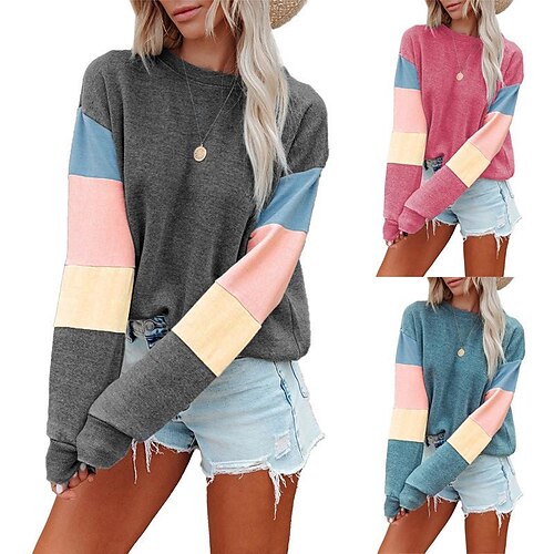 

2022 europæisk og amerikansk ny pullover sweater kvinders forår og efterår rund hals langærmet kontrastfarve amazon langærmet trendy t-shirt kvinder