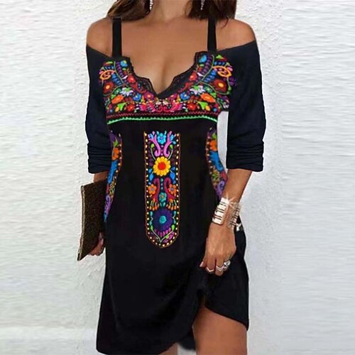 

Women's A Line Dress Short Mini Dress Black 3/4 Length Sleeve Abstract Print Fall Winter Crew Neck 2022 S M L XL 2XL