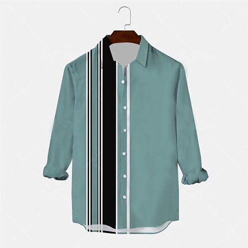 

Men's Shirt Striped Turndown Blue Long Sleeve 3D Print Outdoor Street Button-Down Print Tops Fashion Designer Casual Breathable