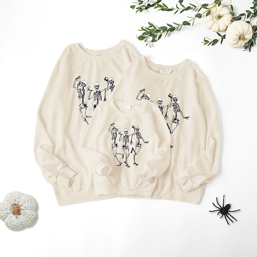 

Family Look Halloween Sweatshirt Skull Daily Print Beige Long Sleeve Casual Matching Outfits
