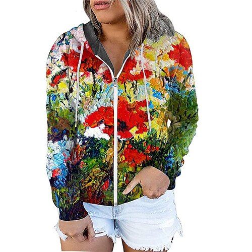 

Women's Plus Size Tops Hoodie Sweatshirt Floral Zipper Print Long Sleeve Hooded Streetwear Daily Vacation Polyester Fall Winter Blue Purple / 3D Print