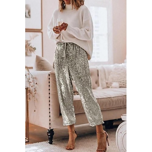 

Women's Chinos Pants Trousers Silver Light Blue Champagne Gold Mid Waist Fashion Sparkle Sparkle & Shine Casual Weekend Sequins Micro-elastic Full Length Comfort Solid Color S M L XL XXL