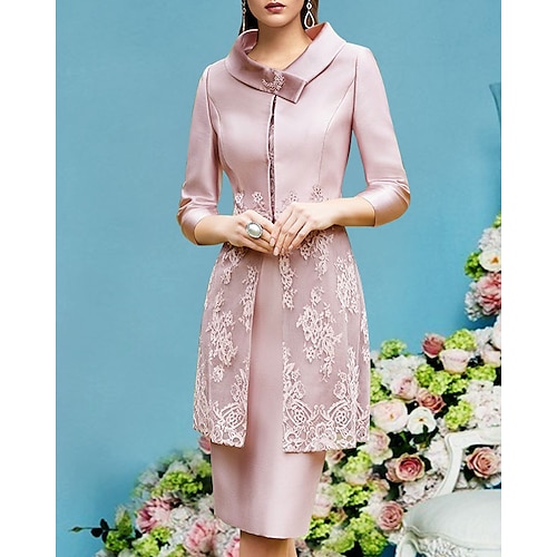 

Two Piece Sheath / Column Mother of the Bride Dress Elegant Jewel Neck Knee Length Lace Charmeuse 3/4 Length Sleeve Jacket Dresses with Appliques Crystal Brooch 2022