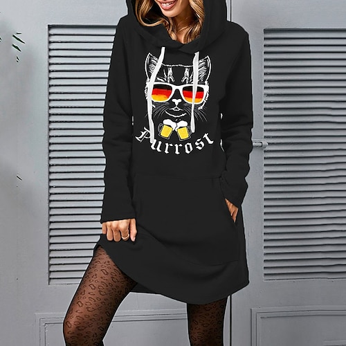 

Women's Shift Dress Short Mini Dress Black Long Sleeve Cat Letter Animal Pocket Print Fall Winter Hooded Casual 2022 S M L XL XXL 3XL