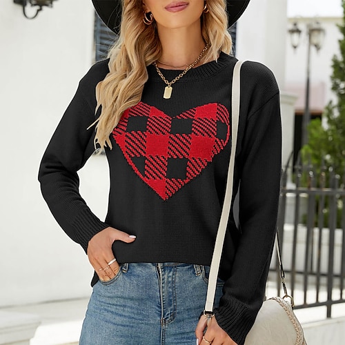 

Women's Pullover Sweater Jumper Ribbed Knit Knitted Patchwork Plaid Crew Neck Stylish Casual Daily Holiday Fall Winter Black Gray S M L / Long Sleeve
