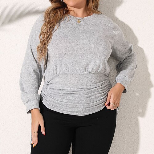 

Women's Plus Size Tops Pullover Sweatshirt Plain Ruched Long Sleeve Round Neck Streetwear Daily Vacation Polyester Fall Winter Black Gray