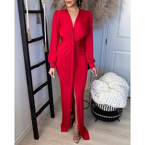 

Women's Party Dress Bodycon Sheath Dress Long Dress Maxi Dress Red Long Sleeve Pure Color Ruched Spring Summer Deep V Modern Wedding Winter Dress Wedding Guest 2022 S M L XL XXL