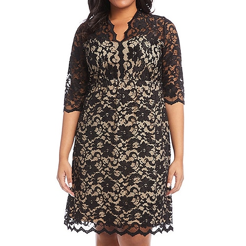 

Women's Plus Size Work Dress Floral V Neck Lace Half Sleeve Spring Fall Work Sexy Knee Length Dress Daily Vacation Dress