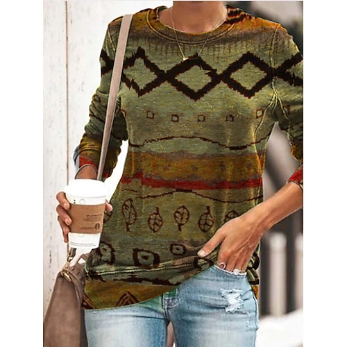 

Women's T shirt Tee Green Geometric Print Long Sleeve Casual Weekend Basic Ethnic Round Neck Regular Geometric Painting S