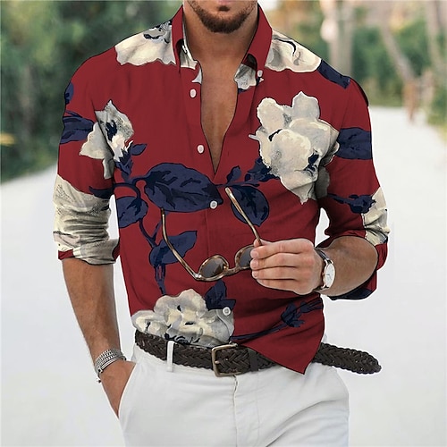 

Men's Shirt Floral Turndown Wine 3D Print Outdoor Street Long Sleeve Button-Down Print Clothing Apparel Fashion Designer Casual Breathable