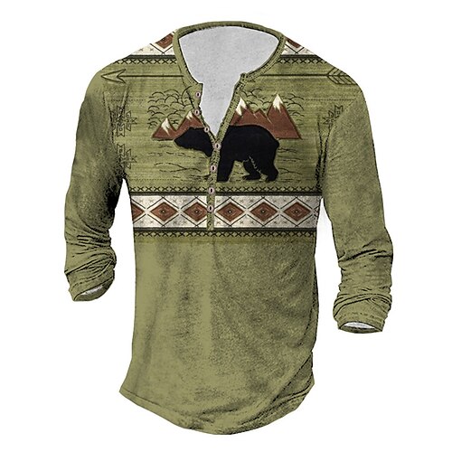 

Men's T shirt Tee Henley Shirt Tee Graphic Animal Henley Green Long Sleeve 3D Print Plus Size Outdoor Daily Button-Down Print Tops Basic Classic Comfortable Big and Tall / Sports