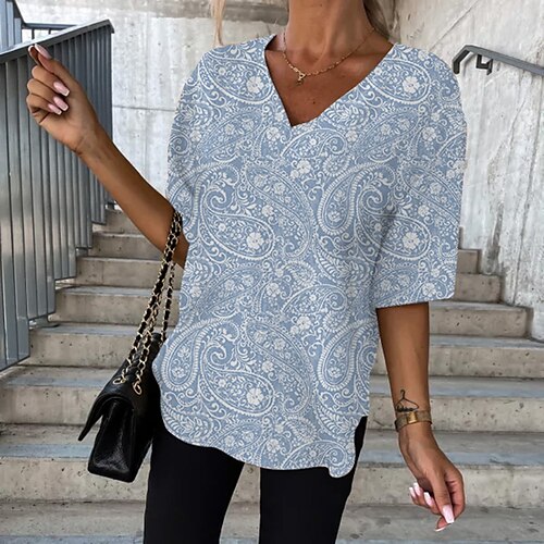 

Women's T shirt Tee Blue Paisley Print Short Sleeve Casual Weekend Basic V Neck Regular Painting S / 3D Print