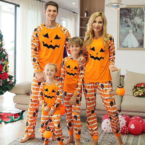 

Family Look Halloween Pajamas Skull Daily Orange Long Sleeve Daily Matching Outfits