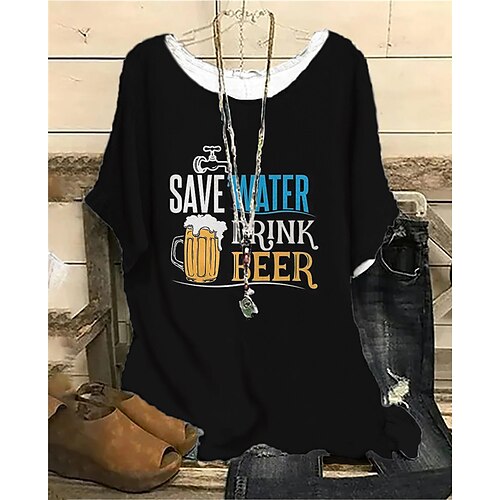 

Women's Plus Size Tops Blouse Shirt Beer Letter Print Short Sleeve Crewneck Streetwear Daily Vacation Polyester Spring Summer Black