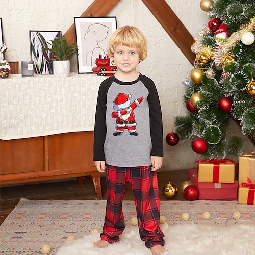 

2 Pieces Kids Unisex Christmas Clothing Set Outfit Plaid Santa Claus Long Sleeve Patchwork Set Indoor Daily Casual Fall Spring 2-8 Years Gray