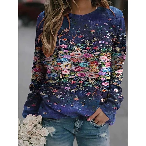 

Sweat shirt Sweat Femme Casual Imprimer Bleu Floral Ample Casual Col Rond manche longue Coton S M L XL XXL 3XL