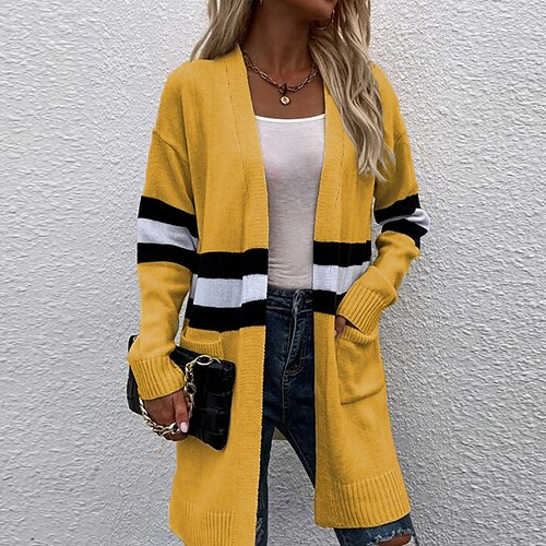 

Women's Cardigan Sweater Jumper Ribbed Knit Patchwork Pocket Color Block V Neck Stylish Casual Outdoor Daily Winter Fall Yellow Khaki S M L / Cotton / Long Sleeve / Cotton / Striped / Holiday