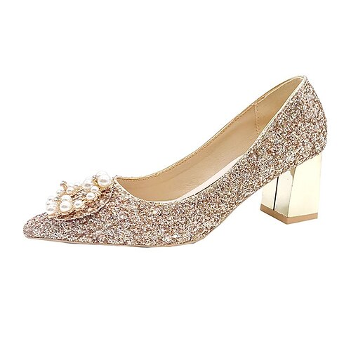 

Damen Absätze Hochzeit Party Brautschuhe Sommer Imitationsperle Blockabsatz Spitze Zehe Elegant Klassisch Süß Wanderschuhe Kunststoff Halbschuhe Einfarbig Silber Gold