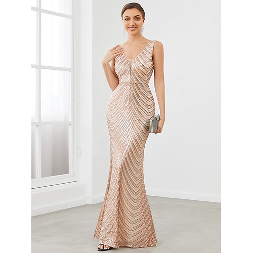 

Mermaid / Trumpet Evening Dresses Elegant Dress Formal Floor Length Sleeveless V Neck Sequined with Sequin Pure Color 2022