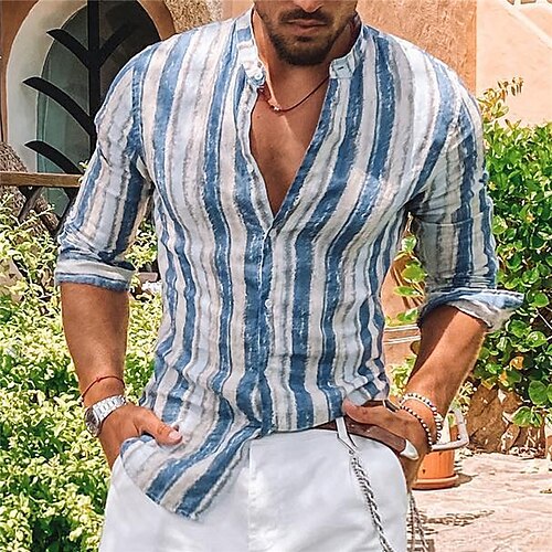 

Men's Shirt Striped Collar Blue Outdoor Street Long Sleeve Button-Down Clothing Apparel Fashion Designer Casual Big and Tall / Spring / Fall