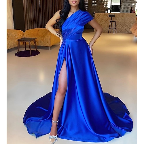 

Mermaid / Trumpet Evening Dresses Sexy Dress Prom Court Train Sleeveless One Shoulder Satin with Ruched Slit 2022