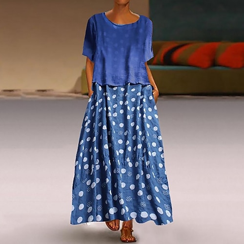 

Women's Two Piece Dress Maxi long Dress Black Blue Short Sleeve Polka Dot Ruched Pocket Fall Spring Round Neck Casual 2022 S M L XL XXL 3XL 4XL 5XL