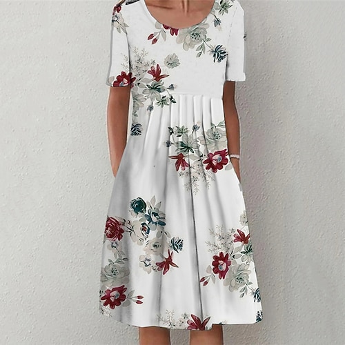 

Women's Shift Dress Casual Dress Knee Length Dress White Blue Short Sleeve Floral Ruched Pocket Print Spring Summer Crew Neck Casual Vacation Slim 2022 S M L XL XXL 3XL