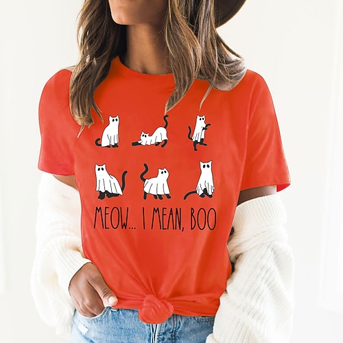 

Women's T shirt Tee Basic Print Animal Halloween Basic Round Neck T-shirt Sleeve Standard Summer pea green Pink Dark Pink Dark Blue Orange