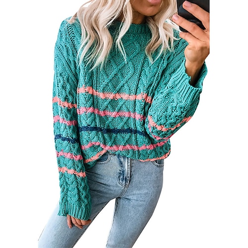 

Women's Pullover Sweater jumper Jumper Cable Knit Knitted Striped Crew Neck Stylish Casual Outdoor Home Winter Fall Green Fuchsia S M L / Long Sleeve / Regular Fit / Going out