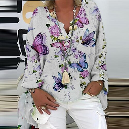 

Women's Plus Size Tops Blouse Shirt Floral Butterfly Print Long Sleeve V Neck Streetwear Daily Vacation Polyester Fall Winter Green White