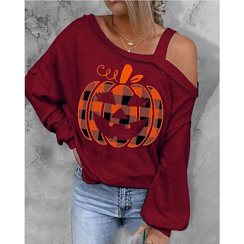 

Women's Sweatshirt Pullover One Shoulder Pumpkin Plaid Checkered Cold Shoulder Print Halloween Weekend Hot Stamping Active Streetwear Clothing Apparel Hoodies Sweatshirts White Black