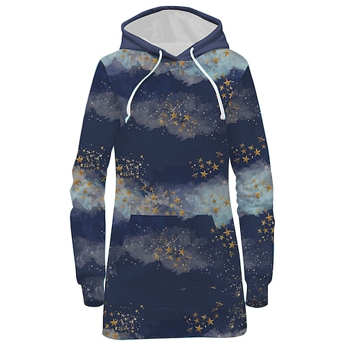 

Women's Pullover Hoodie Dress Streetwear Long Front Pocket Print Navy Blue Graphic Daily Hooded Long Sleeve S M L XL XXL 3XL