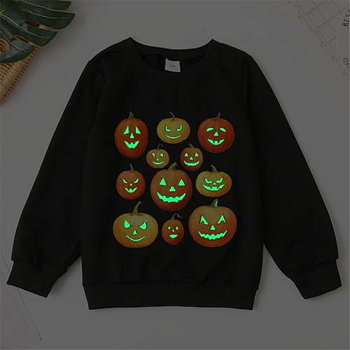 

Kids Boy Girl Halloween Glow In The Dark Pumpkin Sweatshirt Crewneck Long Sleeve Hoodie Adorable Children Tops Fit 3-8 Years