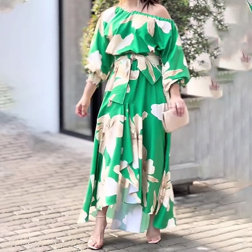 

Women's Swing Dress Maxi long Dress Green Long Sleeve Floral Backless Cold Shoulder Print Fall Winter Off Shoulder Modern Boho Lantern Sleeve 2022 S M L XL