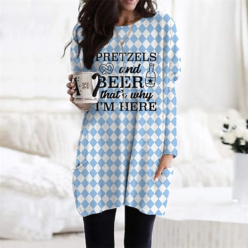

Women's Shift Dress Casual Dress Short Mini Dress Blue Long Sleeve Plaid Letter Pocket Print Fall Winter Crew Neck Casual Vacation Loose 2022 S M L XL XXL 3XL
