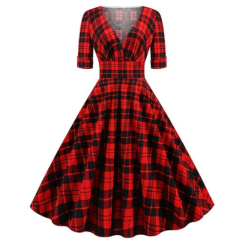 

Women's Swing Dress Knee Length Dress Gray Red Short Sleeve Plaid Ruched Fall Winter V Neck Vintage Modern 2022 S M L XL